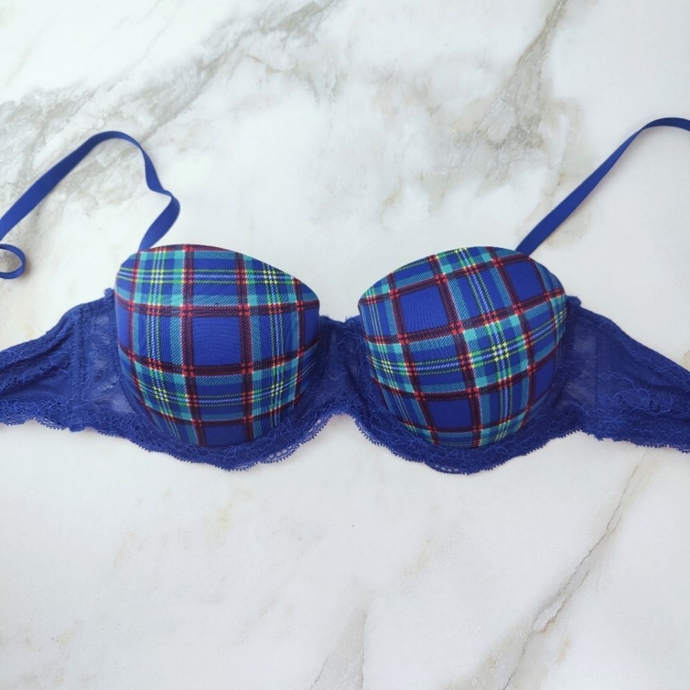 Unbranded Blue Plaid Lace Push Up Multiway Bra, Sz 36C